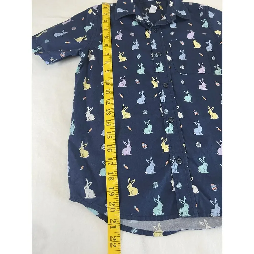 The Children's Place Boys M Cotton Bunny Easter Button-Up Shirt Blue Pockets